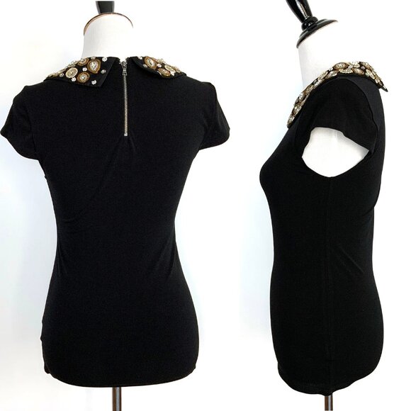 Alice + Olivia Mary Black Embellished Peter Pan Cup Sleeve Top Sz S - Picture 6 of 16